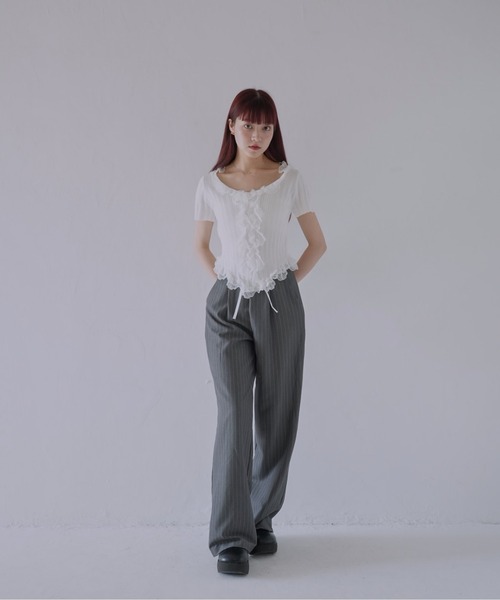 Uenui（ウニュイ）の「【 cunii 】 フリルレースリブカーデトップス（Tシャツ/カットソー・レディース・ホワイト/ブラック/ベージュ系/グリーン/ピンク・FREE）」の15枚目の写真