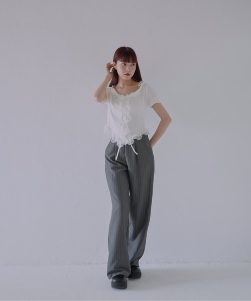 Uenui（ウニュイ）の「【 cunii 】 フリルレースリブカーデトップス（Tシャツ/カットソー・レディース・ホワイト/ブラック/ベージュ系/グリーン/ピンク・FREE）」の17枚目の写真