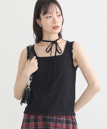 d.i.a. ストライプリボンタンクトップ ブラック 2color 】レースアップリボンカットアウトリブショートタンク