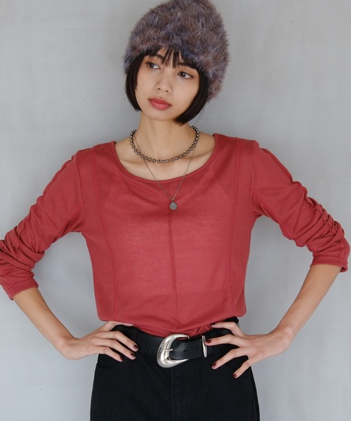 PAGEBOY（ページボーイ）の「アウトシームシアーロングスリーブ（Tシャツ/カットソー・レディース・オフホワイト/グレー/ブラック/マスタード/レッド・FREE）」の5枚目の写真