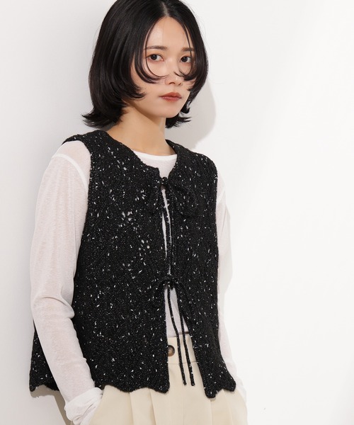 N.(N. Natural Beauty Basic)(エヌエヌナチュラルビューティーベーシック)の「ラメネップ透かし編みジレ(ベスト・レディース・ベージュ/オフホワイト/ブラック・MEDIUM)」の19枚目の写真