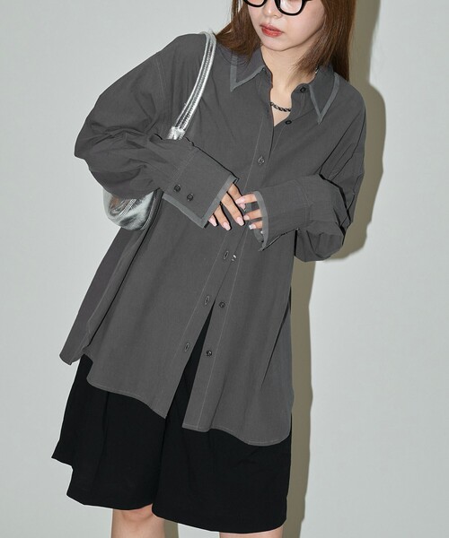 PUBLUX(パブリュクス)の「PUBLUX/パブリュクス オーガンジー ドッキング ボイルシャツ 限定展開(シャツ/ブラウス・レディース・オフホワイト/チャコールグレー・フリ-)」の2枚目の写真