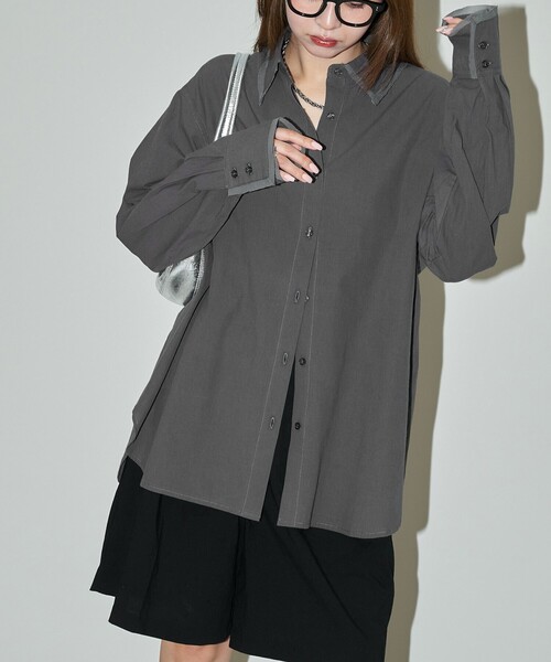 PUBLUX(パブリュクス)の「PUBLUX/パブリュクス オーガンジー ドッキング ボイルシャツ 限定展開(シャツ/ブラウス・レディース・オフホワイト/チャコールグレー・フリ-)」の3枚目の写真