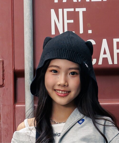 algy（アルジー）の「ねこみみニット帽（ニットキャップ/ビーニー・キッズ・ブラック/オフホワイト・FREE）」の2枚目の写真