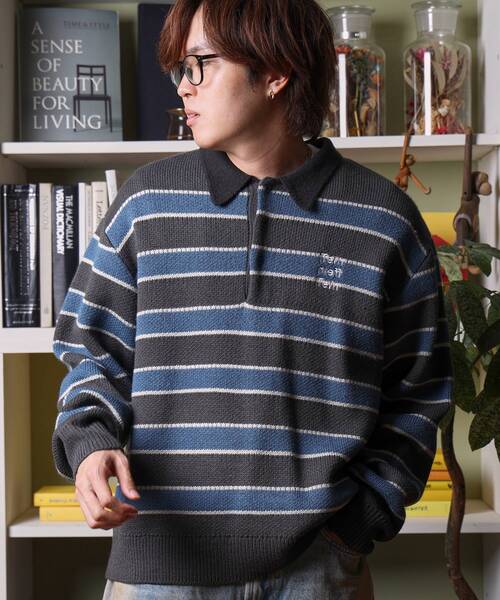 FFEIN（フェイン）の「【FFEIN（フェイン）】三段ロゴアソート襟ポロニット / ポロシャツ ニット ボーダー 刺繍 ワンポイント（ニット/セーター・メンズ・ネイビー/ベージュ/アイボリー/ブラック/A/B・LARGE/MEDIUM/SMALL）」の6枚目の写真