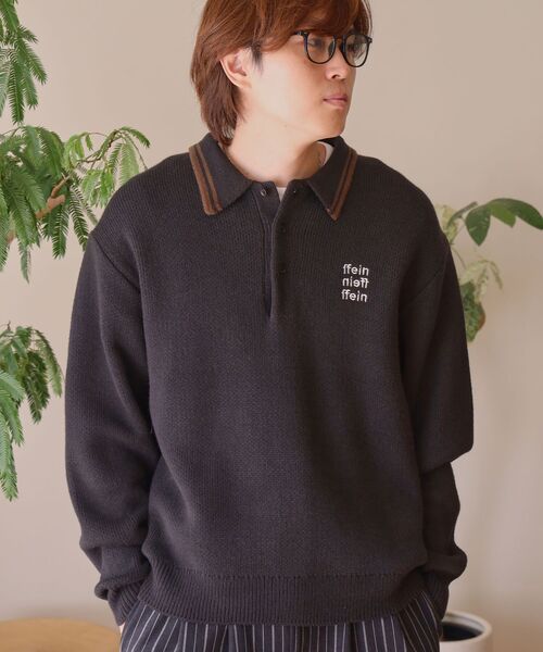 FFEIN（フェイン）の「【FFEIN（フェイン）】三段ロゴアソート襟ポロニット / ポロシャツ ニット ボーダー 刺繍 ワンポイント（ニット/セーター・メンズ・ネイビー/ベージュ/アイボリー/ブラック/A/B・LARGE/MEDIUM/SMALL）」の3枚目の写真