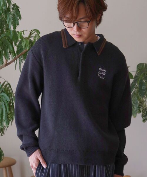 FFEIN（フェイン）の「【FFEIN（フェイン）】三段ロゴアソート襟ポロニット / ポロシャツ ニット ボーダー 刺繍 ワンポイント（ニット/セーター・メンズ・ネイビー/ベージュ/アイボリー/ブラック/A/B・LARGE/MEDIUM/SMALL）」の12枚目の写真