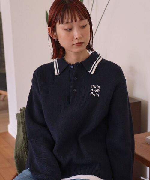 FFEIN（フェイン）の「【FFEIN（フェイン）】三段ロゴアソート襟ポロニット / ポロシャツ ニット ボーダー 刺繍 ワンポイント（ニット/セーター・メンズ・ネイビー/ベージュ/アイボリー/ブラック/A/B・LARGE/MEDIUM/SMALL）」の8枚目の写真