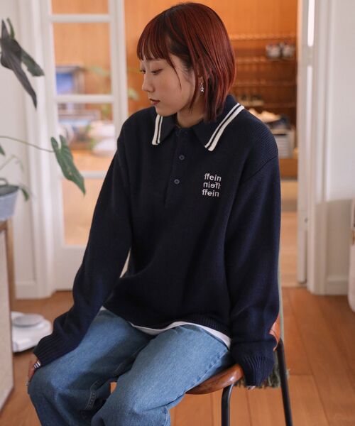 FFEIN（フェイン）の「【FFEIN（フェイン）】三段ロゴアソート襟ポロニット / ポロシャツ ニット ボーダー 刺繍 ワンポイント（ニット/セーター・メンズ・ネイビー/ベージュ/アイボリー/ブラック/A/B・LARGE/MEDIUM/SMALL）」の9枚目の写真