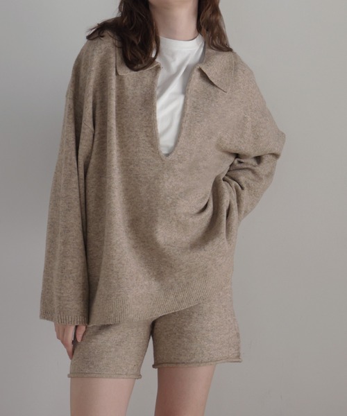 Mili affinity(ミリアフィニティー)の「【セットアップアイテム】ホック付きポロニット&ショートニットパンツ(ニット/セーター・レディース・ブラック/ベージュ/グレー/オフホワイト・FREE)」の4枚目の写真