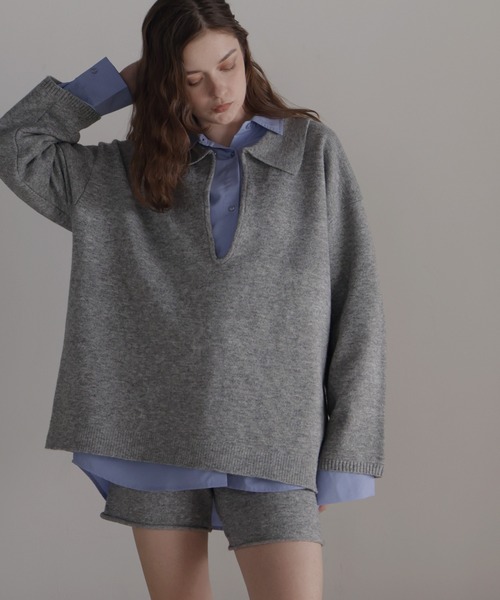 Mili affinity(ミリアフィニティー)の「【セットアップアイテム】ホック付きポロニット&ショートニットパンツ(ニット/セーター・レディース・ブラック/ベージュ/グレー/オフホワイト・FREE)」の3枚目の写真