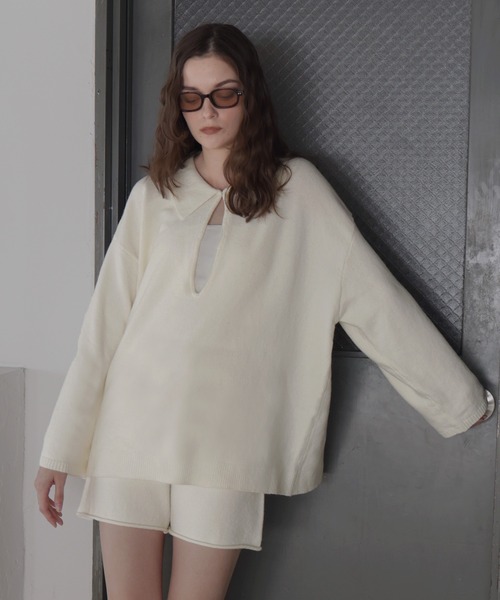 Mili affinity(ミリアフィニティー)の「【セットアップアイテム】ホック付きポロニット&ショートニットパンツ(ニット/セーター・レディース・ブラック/ベージュ/グレー/オフホワイト・FREE)」の2枚目の写真