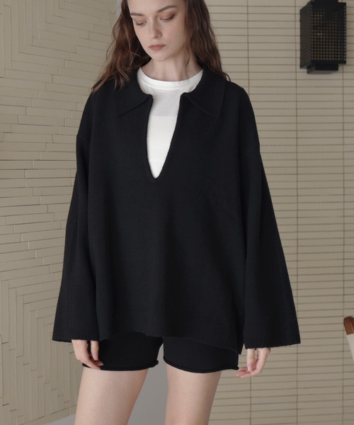 Mili affinity(ミリアフィニティー)の「【セットアップアイテム】ホック付きポロニット&ショートニットパンツ(ニット/セーター・レディース・ブラック/ベージュ/グレー/オフホワイト・FREE)」の9枚目の写真