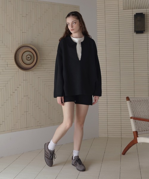 Mili affinity(ミリアフィニティー)の「【セットアップアイテム】ホック付きポロニット&ショートニットパンツ(ニット/セーター・レディース・ブラック/ベージュ/グレー/オフホワイト・FREE)」の11枚目の写真