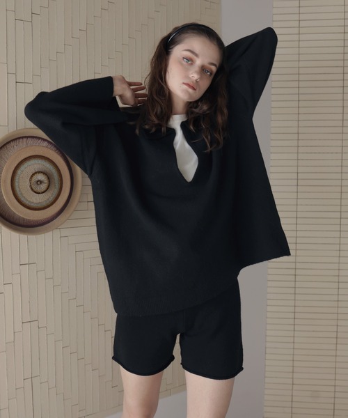 Mili affinity(ミリアフィニティー)の「【セットアップアイテム】ホック付きポロニット&ショートニットパンツ(ニット/セーター・レディース・ブラック/ベージュ/グレー/オフホワイト・FREE)」の10枚目の写真