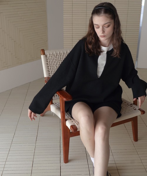 Mili affinity(ミリアフィニティー)の「【セットアップアイテム】ホック付きポロニット&ショートニットパンツ(ニット/セーター・レディース・ブラック/ベージュ/グレー/オフホワイト・FREE)」の8枚目の写真