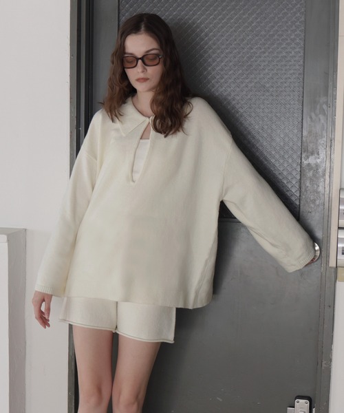 Mili affinity(ミリアフィニティー)の「【セットアップアイテム】ホック付きポロニット&ショートニットパンツ(ニット/セーター・レディース・ブラック/ベージュ/グレー/オフホワイト・FREE)」の12枚目の写真