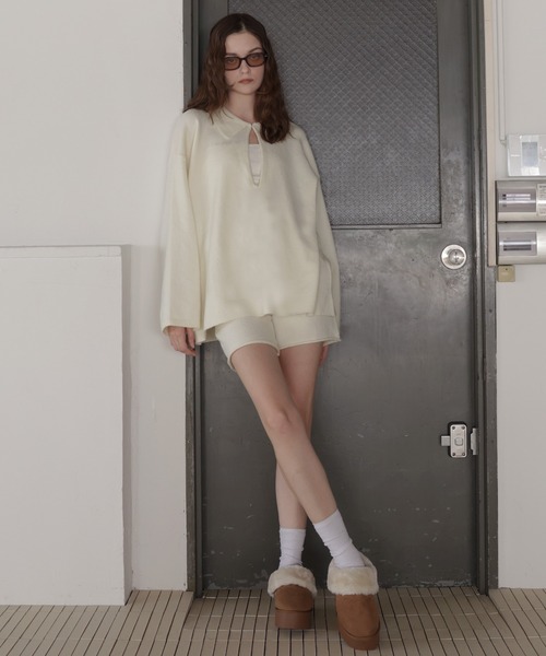 Mili affinity(ミリアフィニティー)の「【セットアップアイテム】ホック付きポロニット&ショートニットパンツ(ニット/セーター・レディース・ブラック/ベージュ/グレー/オフホワイト・FREE)」の15枚目の写真