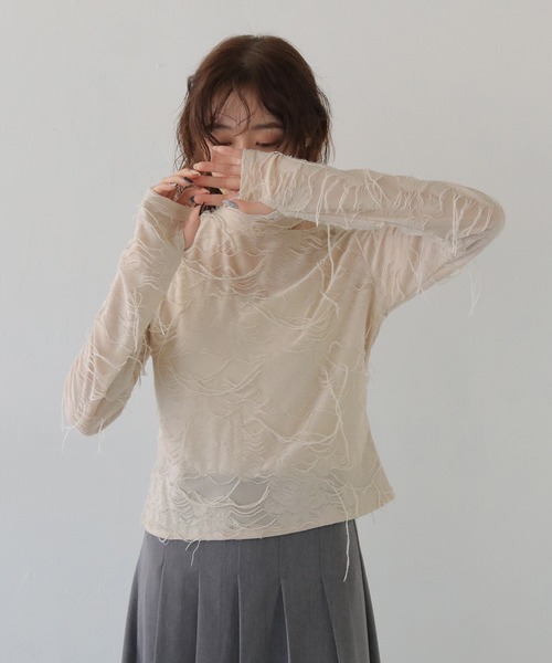 CLEIO（クレイオ）の「【CLEIO】花ジャガードシアートップス FLOWER JACQUARD SHEER TOPS/980-14601（Tシャツ/カットソー・レディース・ブラック/ライトベージュ・FREE）」の9枚目の写真