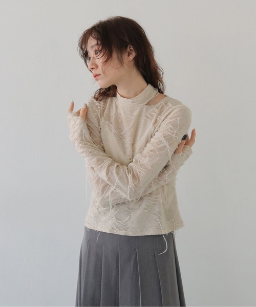 CLEIO（クレイオ）の「【CLEIO】花ジャガードシアートップス FLOWER JACQUARD SHEER TOPS/980-14601（Tシャツ/カットソー・レディース・ブラック/ライトベージュ・FREE）」の8枚目の写真