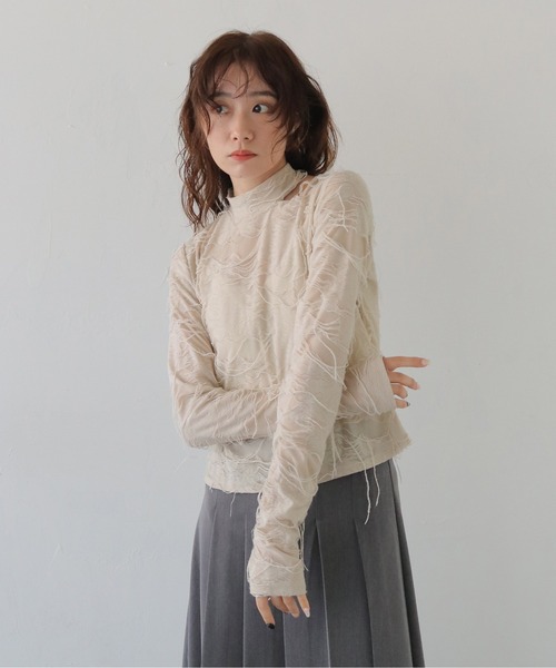 CLEIO（クレイオ）の「【CLEIO】花ジャガードシアートップス FLOWER JACQUARD SHEER TOPS/980-14601（Tシャツ/カットソー・レディース・ブラック/ライトベージュ・FREE）」の7枚目の写真