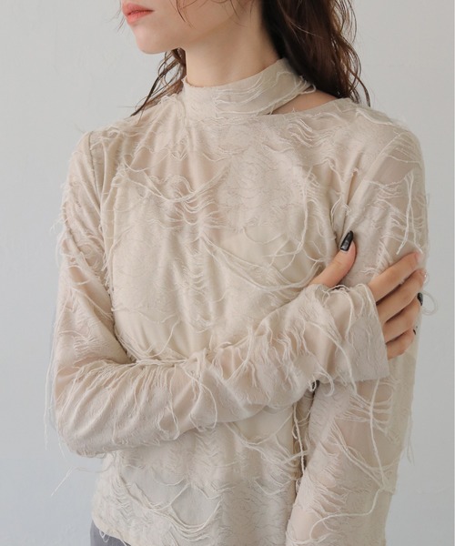 CLEIO（クレイオ）の「【CLEIO】花ジャガードシアートップス FLOWER JACQUARD SHEER TOPS/980-14601（Tシャツ/カットソー・レディース・ブラック/ライトベージュ・FREE）」の6枚目の写真