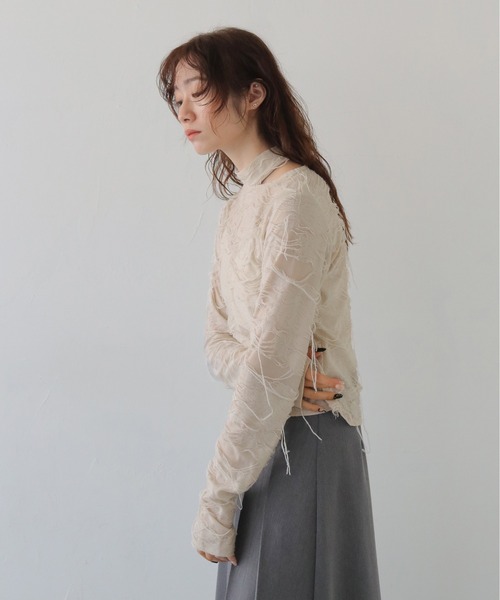CLEIO（クレイオ）の「【CLEIO】花ジャガードシアートップス FLOWER JACQUARD SHEER TOPS/980-14601（Tシャツ/カットソー・レディース・ブラック/ライトベージュ・FREE）」の5枚目の写真