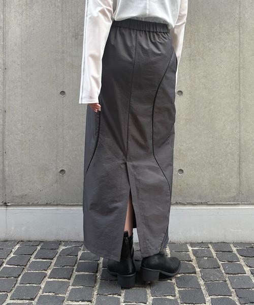 &g'aime(アンジェム)の「【&g'aime】カーブラインシャンブレースカート Curve Line Chambray Skirt(スカート・レディース・チャコールグレー/パープル・FREE)」の7枚目の写真