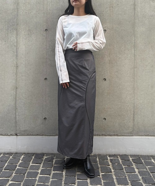 &g'aime(アンジェム)の「【&g'aime】カーブラインシャンブレースカート Curve Line Chambray Skirt(スカート・レディース・チャコールグレー/パープル・FREE)」の11枚目の写真