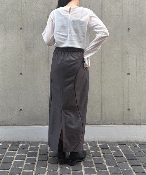 &g'aime(アンジェム)の「【&g'aime】カーブラインシャンブレースカート Curve Line Chambray Skirt(スカート・レディース・チャコールグレー/パープル・FREE)」の14枚目の写真