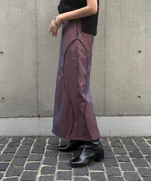 &g'aime(アンジェム)の「【&g'aime】カーブラインシャンブレースカート Curve Line Chambray Skirt(スカート・レディース・チャコールグレー/パープル・FREE)」の17枚目の写真