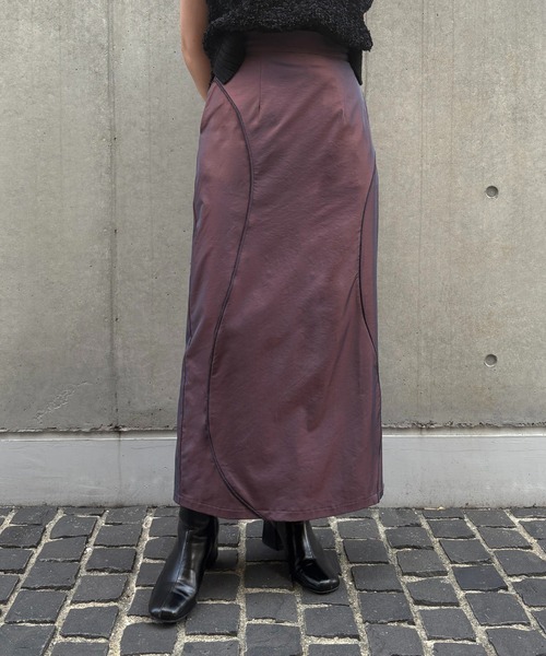 &g'aime(アンジェム)の「【&g'aime】カーブラインシャンブレースカート Curve Line Chambray Skirt(スカート・レディース・チャコールグレー/パープル・FREE)」の16枚目の写真