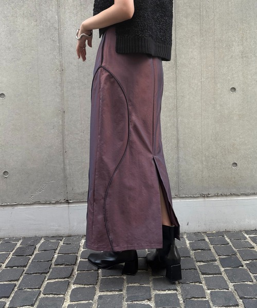 &g'aime(アンジェム)の「【&g'aime】カーブラインシャンブレースカート Curve Line Chambray Skirt(スカート・レディース・チャコールグレー/パープル・FREE)」の22枚目の写真