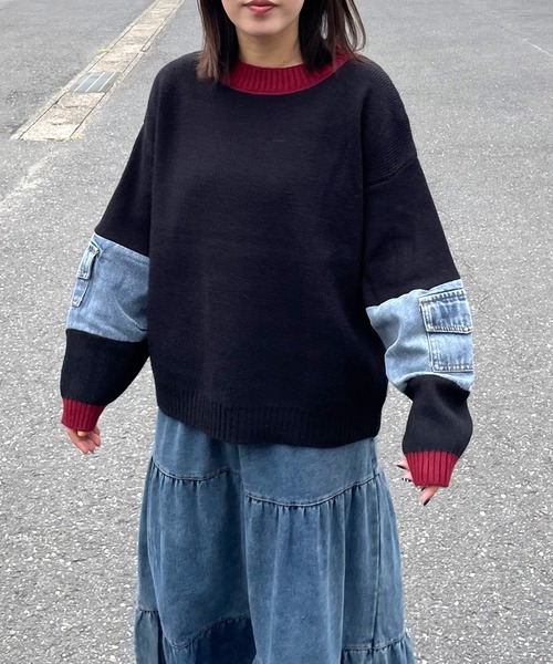 セール】袖デニム切替ニットトップス（ニット/セーター）｜CRB