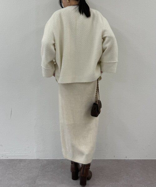 ラウンジドレス ノーカラー ツイードジャケット 金ボタン ウール 白 セール】【20周年限定】ツイードジャケット（ノーカラージャケット