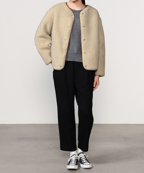 【オーシバル】 フリース ノーカラージャケットブラック ORCIVAL | ボアフリース ノーカラーブルゾン WOMEN（ノーカラー