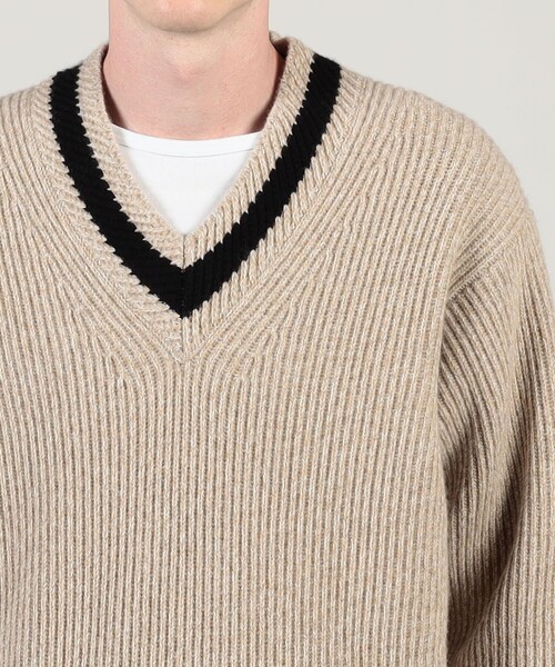 新品未使用タグ付き　トゥモローランド　トリコ　ベージュ リブ編みニットセーター TOMORROWLAND Tricot ウールカシミヤ メランジニット Vネックプル