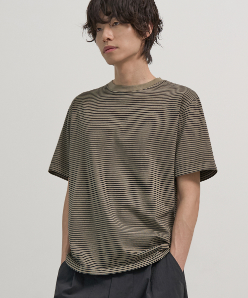 EXCONTAINER(エックスコンテナ)の「ピグメントダイストライプハーフTシャツ (ディープベージュ)(Tシャツ/カットソー・メンズ・その他・MEDIUM/LARGE/X-LARGE)」の1枚目の写真