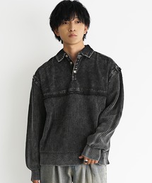 【MinoriTY select】硫化染めヴィンテージ加工デニムポロニット メンズ 春服 冬服
