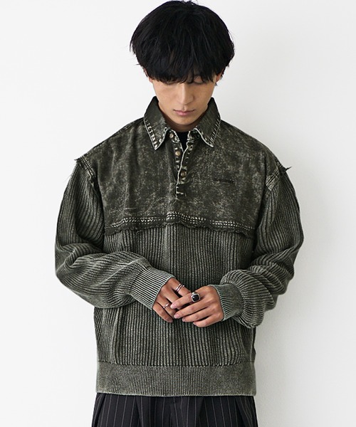 MinoriTY(マイノリティ)の「【MinoriTY select】硫化染めヴィンテージ加工デニムポロニット メンズ 春服 冬服(ポロシャツ・メンズ・カーキ/ブラック・L/M/XL)」の7枚目の写真