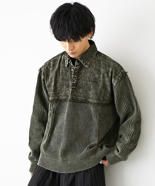 MinoriTY(マイノリティ)の「【MinoriTY select】硫化染めヴィンテージ加工デニムポロニット メンズ 春服 冬服(ポロシャツ・メンズ・カーキ/ブラック・L/M/XL)」の9枚目の写真