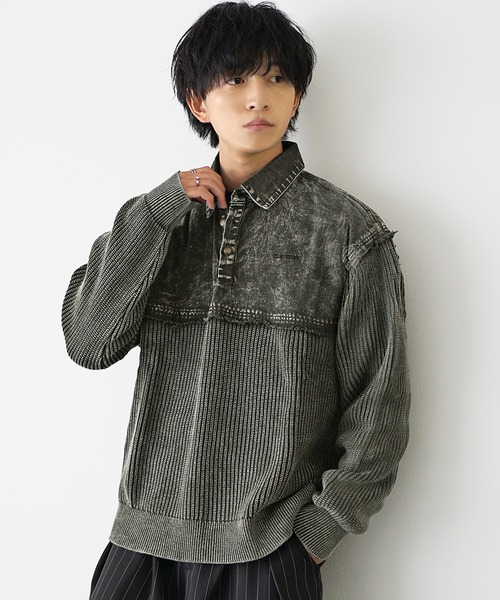 MinoriTY(マイノリティ)の「【MinoriTY select】硫化染めヴィンテージ加工デニムポロニット メンズ 春服 冬服(ポロシャツ・メンズ・カーキ/ブラック・L/M/XL)」の10枚目の写真