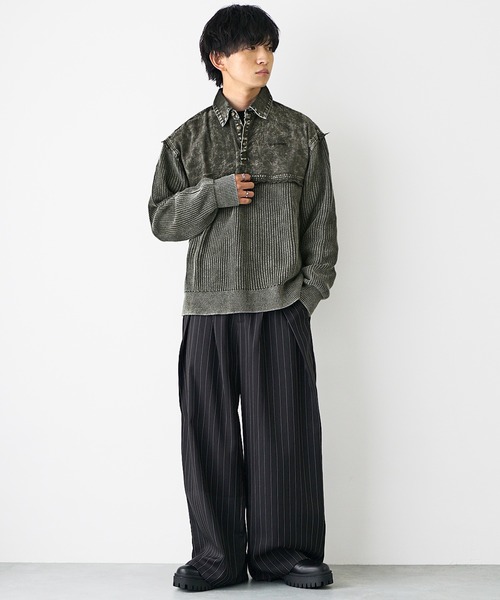 MinoriTY(マイノリティ)の「【MinoriTY select】硫化染めヴィンテージ加工デニムポロニット メンズ 春服 冬服(ポロシャツ・メンズ・カーキ/ブラック・L/M/XL)」の11枚目の写真