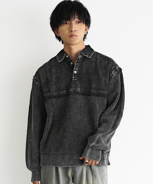 MinoriTY(マイノリティ)の「【MinoriTY select】硫化染めヴィンテージ加工デニムポロニット メンズ 春服 冬服(ポロシャツ・メンズ・カーキ/ブラック・L/M/XL)」の3枚目の写真