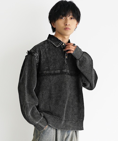MinoriTY(マイノリティ)の「【MinoriTY select】硫化染めヴィンテージ加工デニムポロニット メンズ 春服 冬服(ポロシャツ・メンズ・カーキ/ブラック・L/M/XL)」の4枚目の写真