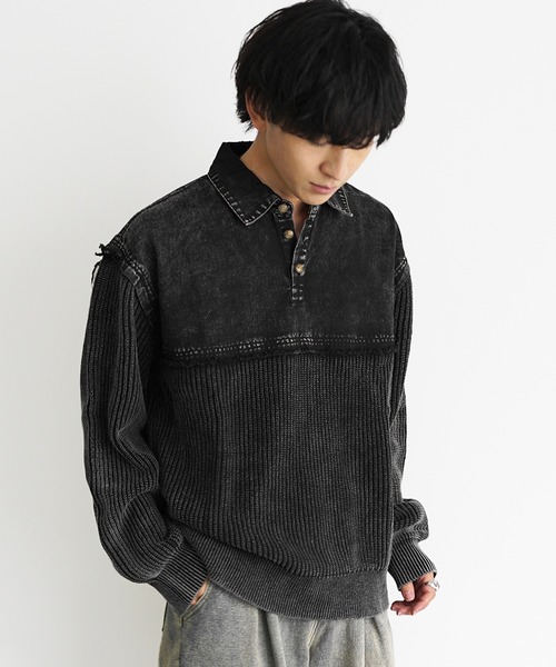 MinoriTY(マイノリティ)の「【MinoriTY select】硫化染めヴィンテージ加工デニムポロニット メンズ 春服 冬服(ポロシャツ・メンズ・カーキ/ブラック・L/M/XL)」の5枚目の写真