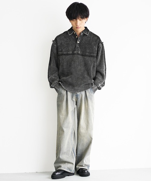 MinoriTY(マイノリティ)の「【MinoriTY select】硫化染めヴィンテージ加工デニムポロニット メンズ 春服 冬服(ポロシャツ・メンズ・カーキ/ブラック・L/M/XL)」の6枚目の写真