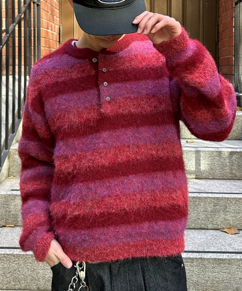 kutir(クティール)の「HENLEY NECK SILVER BUTTON BORDER KNIT/ヘンリーネックシルバーボタンボーダーニット(ニット/セーター・メンズ・ブラック/ボルドー/ブラウン・MEDIUM/LARGE)」の3枚目の写真