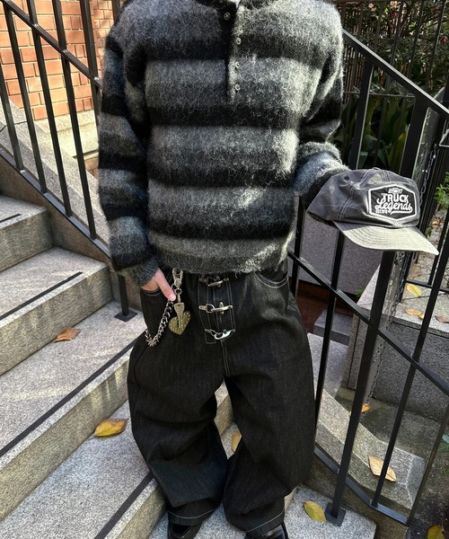 kutir(クティール)の「HENLEY NECK SILVER BUTTON BORDER KNIT/ヘンリーネックシルバーボタンボーダーニット(ニット/セーター・メンズ・ブラック/ボルドー/ブラウン・MEDIUM/LARGE)」の9枚目の写真