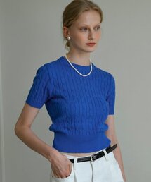 SIKN2029 cotton crop cable knit_Marine blue